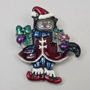 Vintage AJMC Christmas kitty Cat Brooch Paint Enamal Glitter Detail Silver Tone